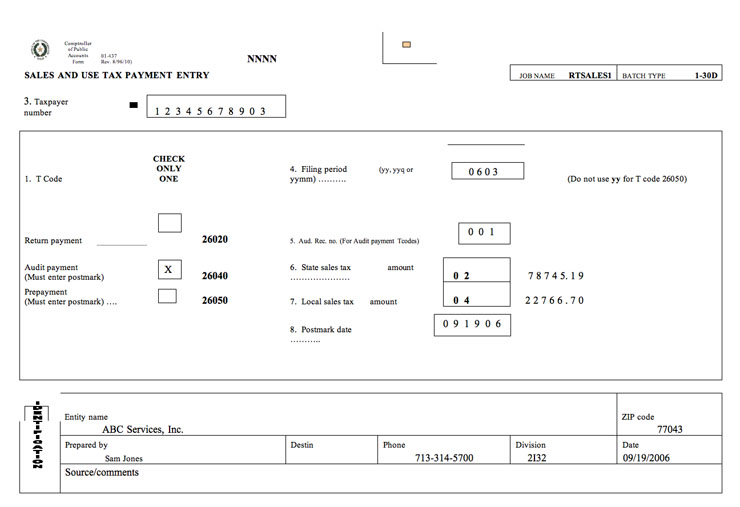 This is an example of the Sales and Use Tax Payment Entry form