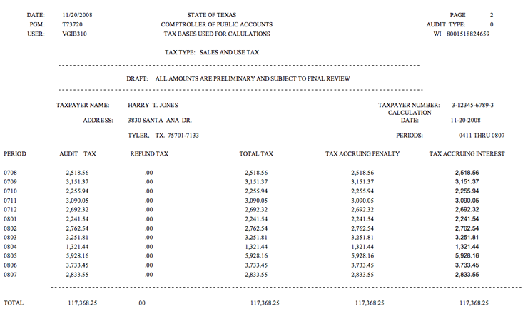 This is an example of the end of the Tax Bases Used for Calculations Report